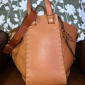 LOEWE Grained Calfskin Whipstitch Hammock Shoulder Bag Tan
